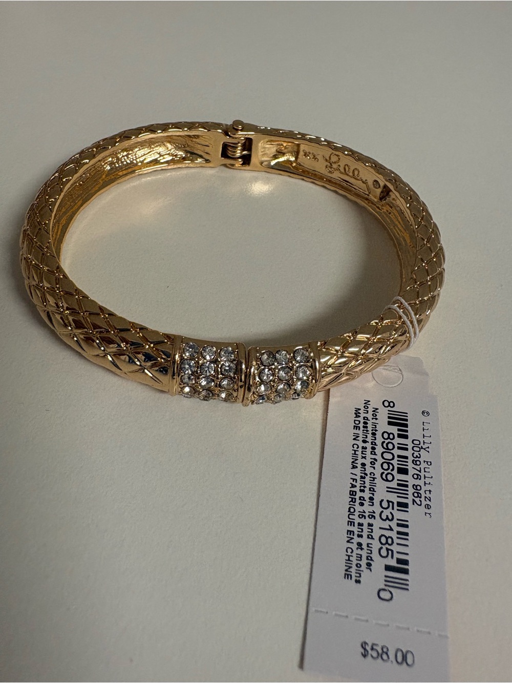 Lilly Pulitzer Gold Crystal Quilted Hinged Bangle Bracelet